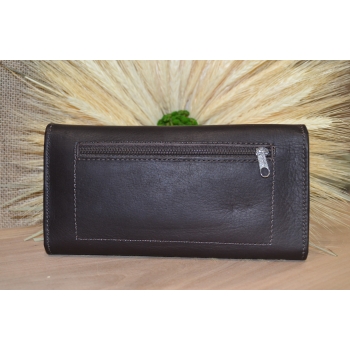 Portfel duży skórzany ciemno brązowy z kwiatowym kolorowym haftem .